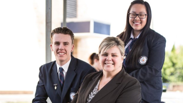 Principal Donna Loughran of Doonside Technology High School with school captains Ryan Hadley and Jenny Dinh. She is being accredited as a lead teacher among the first batch of lead teachers under NSW education reforms. 