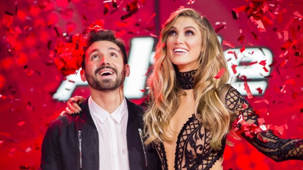 Winner of The Voice Australia 2016 grand finale Alfie Arcuri with his coach and mentor Delta Goodrem.