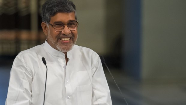 Kailash Satyarthi delivers his acceptance speech during the ceremony.