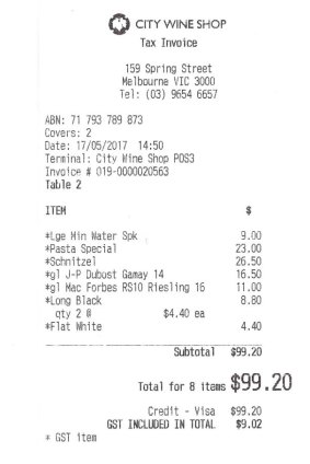 Receipt for lunch with John Safran at City Wine Shop.