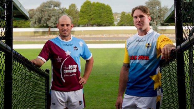 Queanbeyan Kangaroos captain Brent Crisp, right, and former Raiders captain Terry Campese are organising a charity game to raise money for a family who lost their mother to cancer recently.