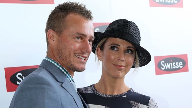 Lleyton Hewitt and wife Bec in The Swisse Marquee at Flemington Racecourse in Melbourne. 