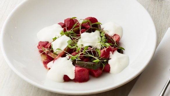 Roasted beetroot gnocchi, baby beets, leek, goat's cheese at Cecconi's, Melbourne.