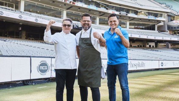 Chefs Guy Grossi and Alejandro Saravia (left, centre) are part of a refreshed MCG menu for 2022, along with Dani Zeini's Royal Stacks burgers.