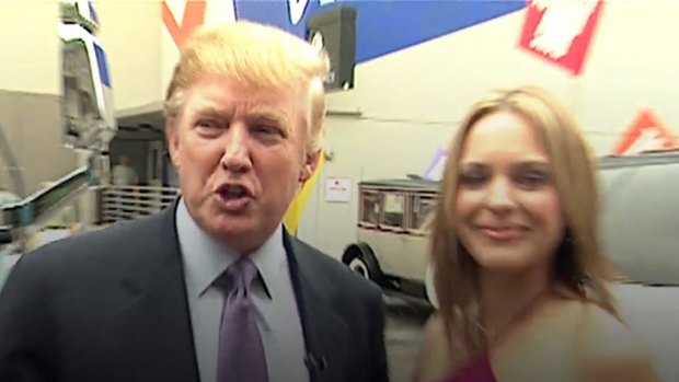 Donald Trump with actress Arianne Zucker outside the Access Hollywood bus where he was caught on tape bragging about groping women.