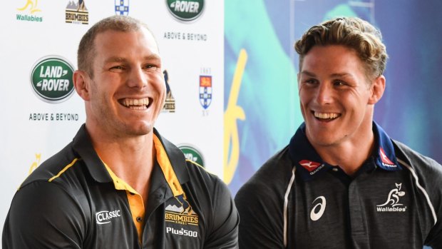 Old firm: Star Wallabies back-rowers David Pocock and Michael Hooper speak to the media at the launch of a new Wallabies sponsorship deal.
