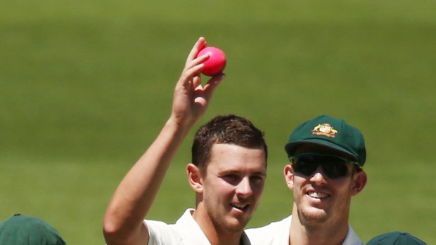 Pink ball wizard: Josh Hazlewood celebrates taking five wickets against New Zealand.