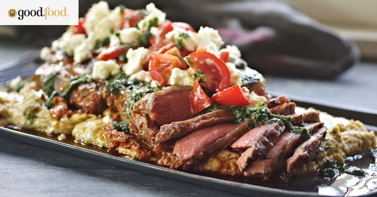 Butterflied harissa lamb with white bean and feta puree