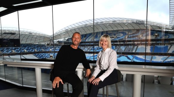 Justin Hemmes, owner of Merivale, and Kerry Mather, chief executive of Venues NSW at Allianz Stadium.