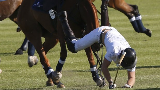 Britain's Prince Harry falls from his horse during the Sentebale Royal Salute Polo Cup in Paarl, South Africa.