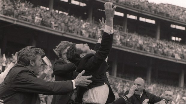 Ron Barassi celebrates Carlton's comeback victory in the 1970 grand final.