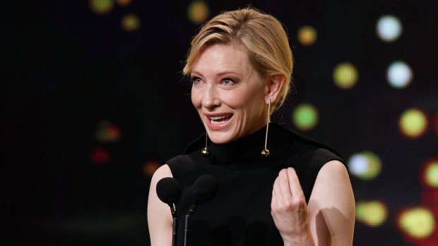 Making a point with humour .. Cate Blanchett accepts the Longford Lyell Award.