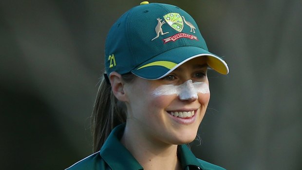 Ellyse Perry of Australia smiles during the women's international series T20 match between the Australia and Pakistan.  