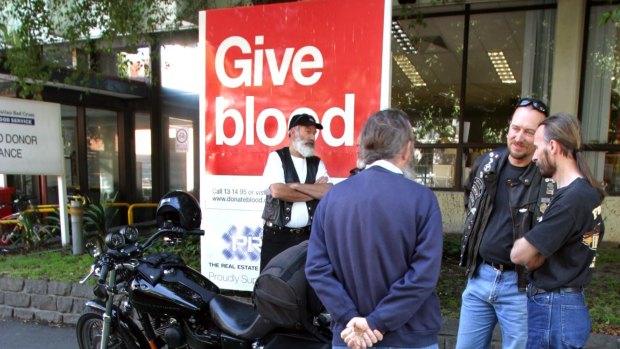 Members of the Melbourne Harley Owners Group at the Red Cross Donor Centre at the corner of Kavanagh and Balston streets, Southbank,for the annual summer blood donor challenge.
