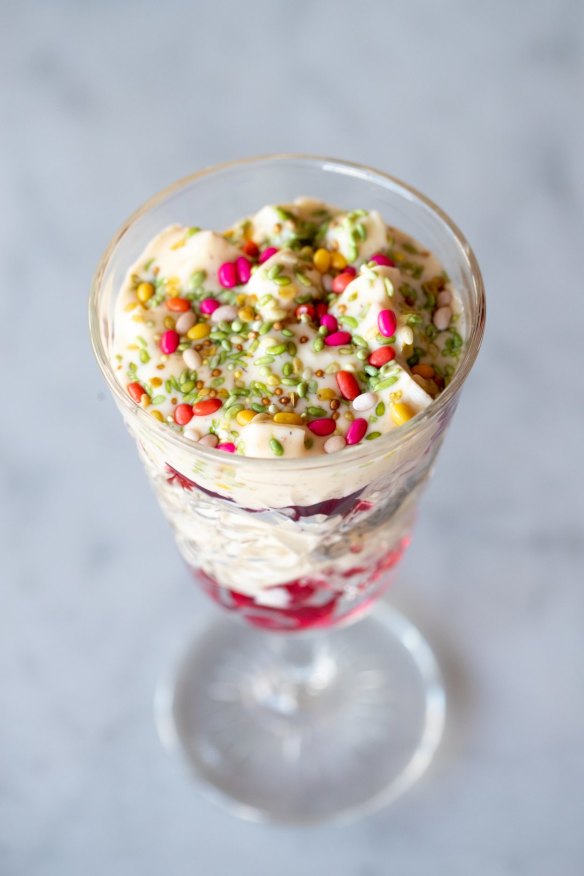 Fruit salad, nutmeg custard, nigella seeds. 