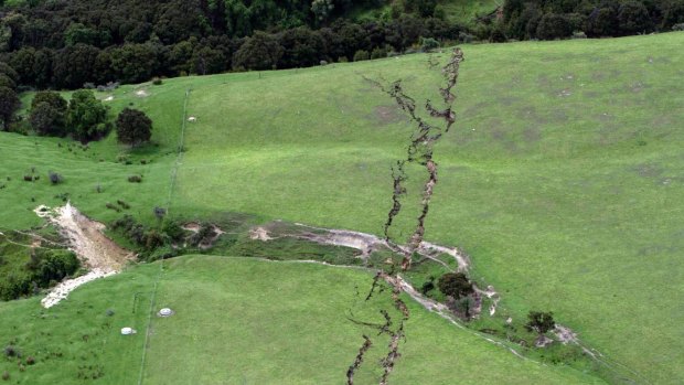 Cracks show on a farm following a powerful earthquake around near Kaikoura, New Zealand in November.