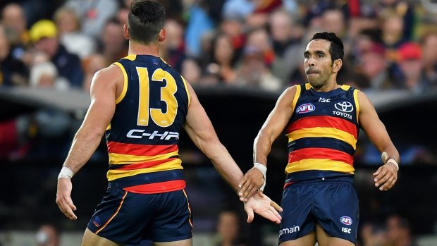 Adelaide's Taylor Walker and Eddie Betts enjoy yet another win – this time against Richmond on Sunday. 
