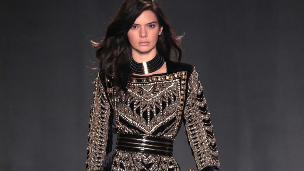 Kendall Jenner on the runway at the BALMAIN X H&M Collection launch.