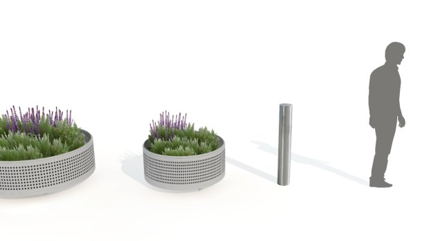 An artist's impression of the permanent metal bollard and planter boxes.