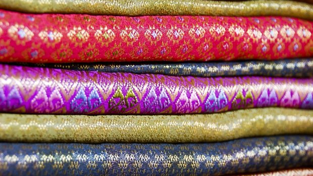 Colourful silks in the Central Market in Phnom Penh.