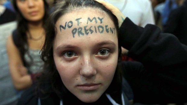 Clair Sheehan takes part in a protest against the election of President-elect Donald Trump in Seattle.