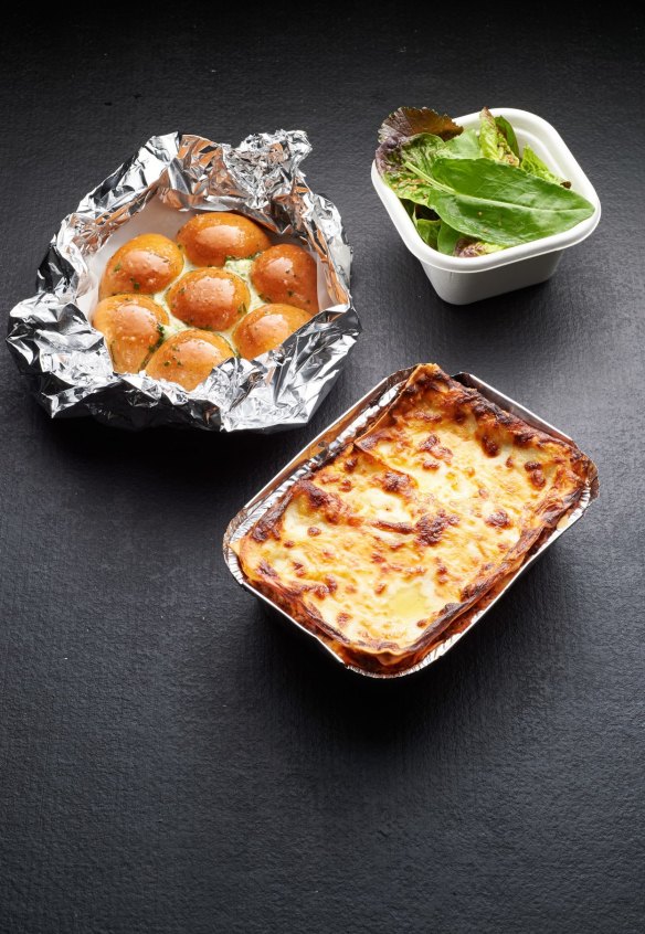 Takeaway lasagne, salad and pull-apart garlic bread from Attica restaurant.