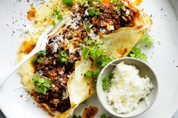 Crepes with beef and mushrooms.
