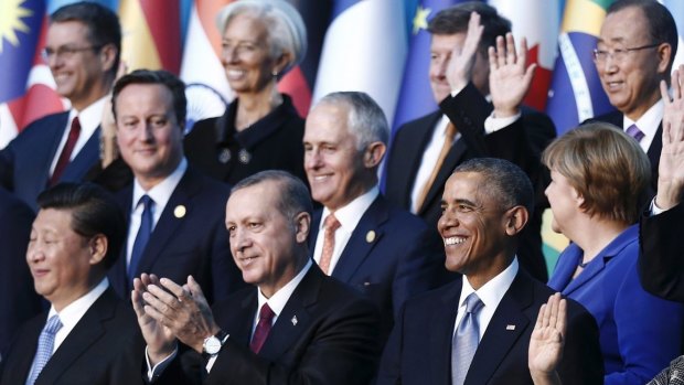 David Cameron and Malcolm Turnbull with other world leaders during the G-20 summit in Turkey last November.