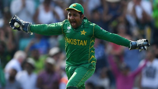 Pakistan captain Sarfraz Ahmed celebrates winning the 2017 ICC Champions Trophy at the Oval on Sunday.
