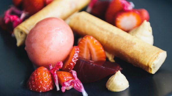 Pop of colour: Caramelised white chocolate, brik pastry and strawberry sorbet.