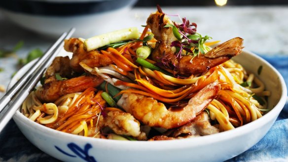 Dragon and phoenix longevity noodles aka stir-fried Hokkien noodles with prawns and chicken <a href="http://www.goodfood.com.au/good-food/cook/recipe/dragon-and-phoenix-longevity-noodles-20160202-49w2e.html"><b>(recipe here)</b></a>.