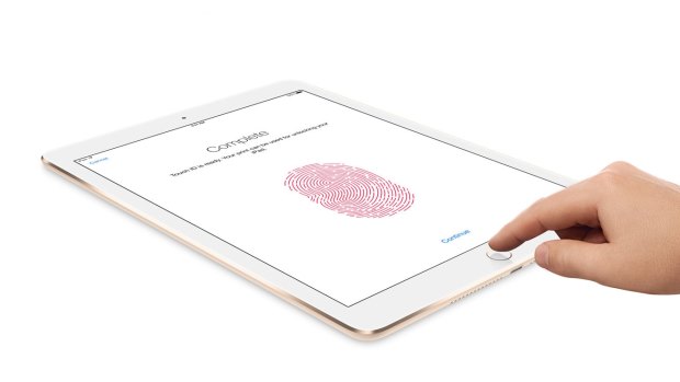 Apple's Touch ID technology uses a fingerprint identity sensor to unlock the iPad Air 2.