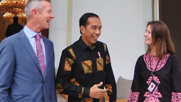 Jewel Topsfield interviewed Indonesian President Joko Widodo, centre, with Fairfax Media's Peter Hartcher, left.
