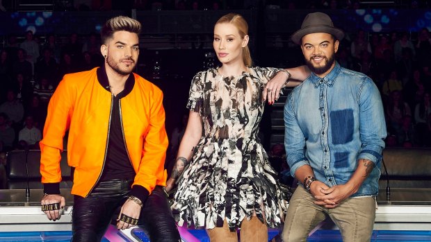 X Factor judges, from left, Adam Lambert, Iggy Azalea and Guy Sebastian.