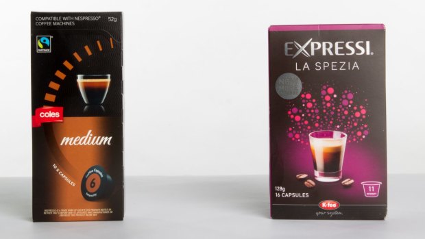 Coles coffee capsules, sold in 52g packs, and Aldi's, in a 128g pack. 
