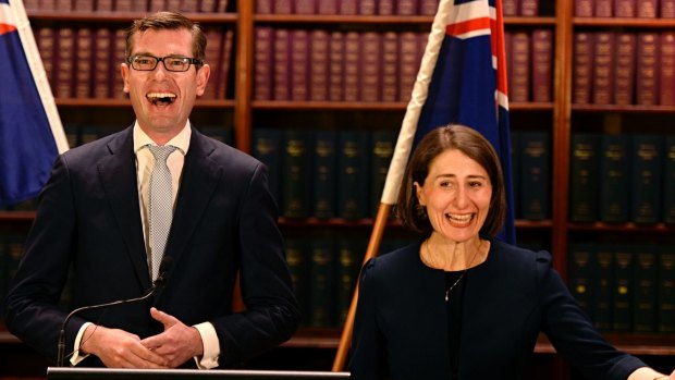 Gladys Berejiklian and Dominic Perrottet at Monday's press conference. 