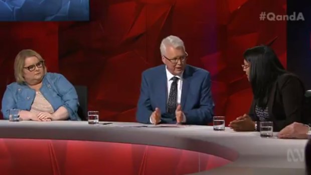 Magda Szubanski with host Tony Jones and Karina Okotel.