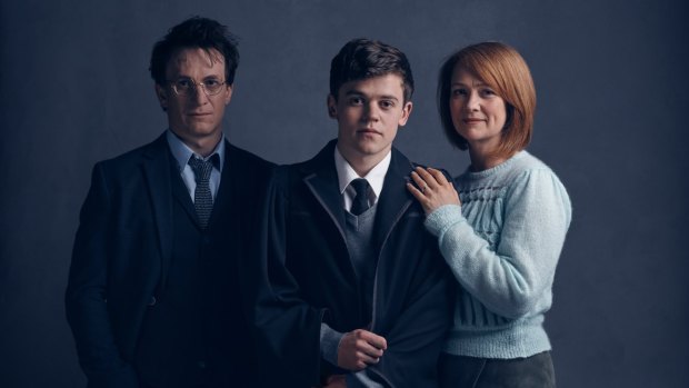 Harry (Jamie Parker), Albus (Sam Clemmett) and Ginny (Poppy Miller) in <i>Harry Potter and the Cursed Child</i> stage production.