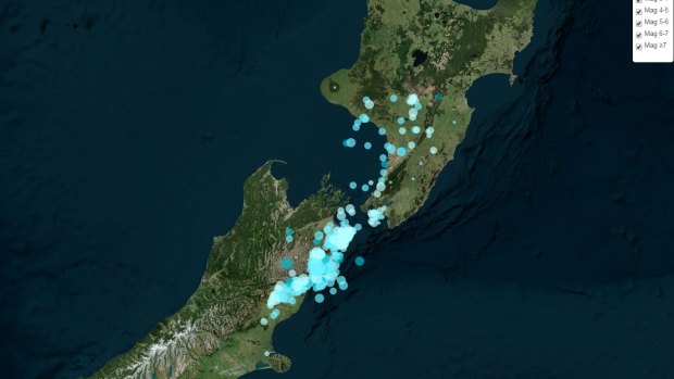 A map from GeoNet showing the distribution of aftershocks.