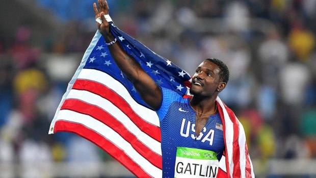 Justin Gatlin of the United States celebrates his second-placing. 
