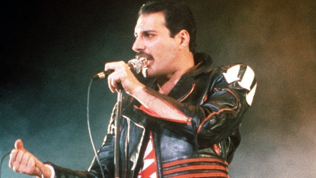 Singer Freddie Mercury of the rock group Queen, performing at a concert in Sydney in 1985. 
