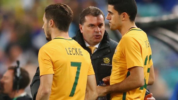 Ange Postecoglou has some words with young Socceroo Tom Rogic and Mathew Leckie.