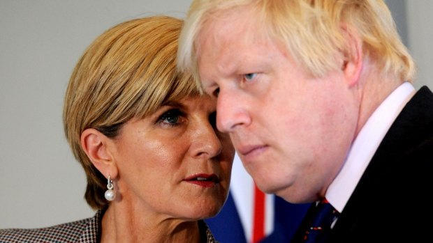 British Foreign Secretary Boris Johnson and Australian Foreign Minister Julie Bishop speak during the annual UK-Australia Foreign & Defence ministerial talks in London