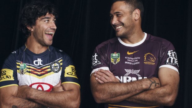 All smiles: Johnathan Thurston and Justin Hodges.