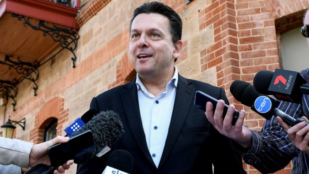 Crossbench senator Nick Xenophon speaks to media at the British Hotel in North Adelaide after finding out he's a British citizen. 