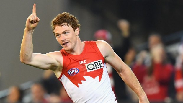 Gary Rohan celebrates a goal during the AFL Second Preliminary Final.