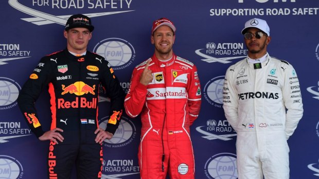 Max Verstappen, Sebastian Vettel and Lewis Hamilton after qualifying.
