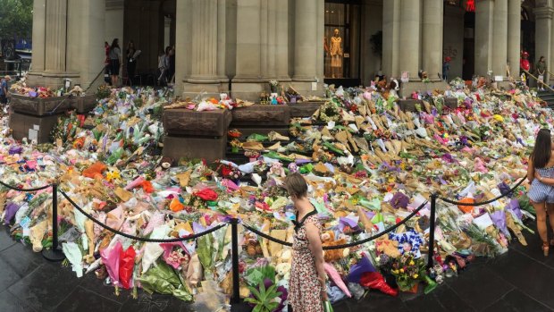 The floral memorial commemorating the lives of the five people killed during the Bourke Street tragedy.