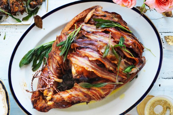 The bacon-wrapped roast turkey centrepiece (with pumpkin and fruit mince stuffing, top).