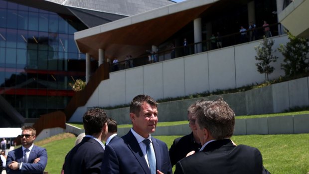 Premier Mike Baird and ministers Andrew Constance and Stuart Ayres arrive for a tour of the International Convention Centre.